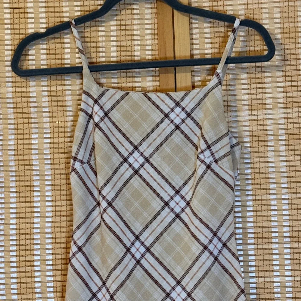 No Boundaries Plaid Mini Dress Tan Brown White Square Neck Cutout Back Small 3-5